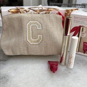 NEW Clarins 4 Pc Gift Set: Makeup Bag,Total Eye Lift, Lashes Serum +Full Mascara
